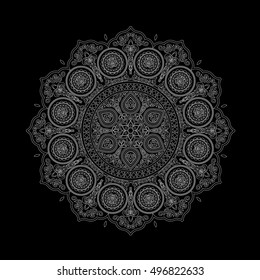 White delicate mandala pattern in boho style on black. Vector ethnic design element