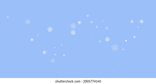 Los delicados copos de nieve a cielo abierto están esparcidos en un fondo azul. Fondo festivo, diseño postal, papel tapiz