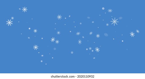 White delicate openwork snowflakes are scattered on a blue background. Festive background, postcard design, wallpaper