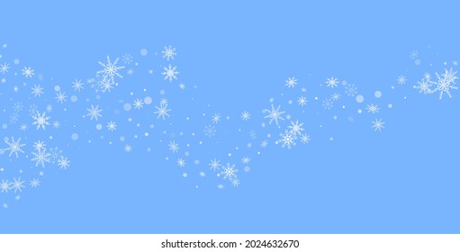 White delicate openwork snowflakes are scattered on a blue background. Festive background, postcard design, wallpaper
