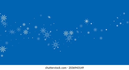 White delicate openwork snowflakes are scattered on a blue background. Festive background, postcard design, wallpaper