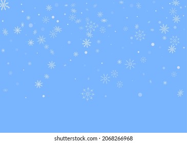 Los delicados copos de nieve a cielo abierto están esparcidos en un fondo azul. Fondo festivo, diseño postal, papel tapiz