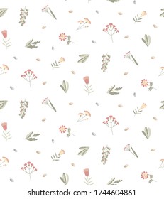 White delicate seamless pattern with stylized flowers, green grass, wildflowers for textiles, packaging, design. Flat vector illustration