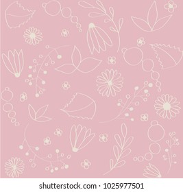 white delicate wild flowers on a pale pink background. A simple summer ornament.