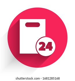 White Delivery con un icono de cajas de cartón aislado con una sombra larga. Entrega puerta a puerta por correo. Botón de círculo rojo. Ilustración vectorial