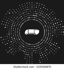 White Delivery cargo truck with shield icon isolated on grey background. Insurance concept. Security, safety, protection, protect concept. Abstract circle random dots. Vector Illustration