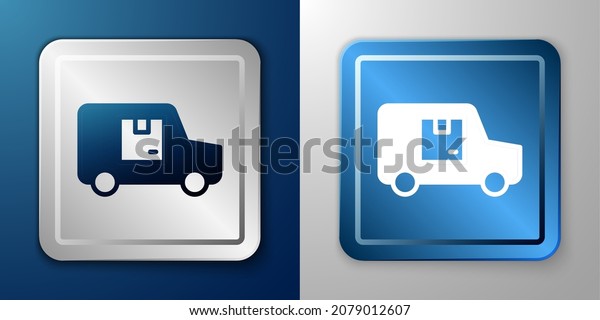 White\
Delivery cargo truck vehicle icon isolated on blue and grey\
background. Silver and blue square button.\
Vector