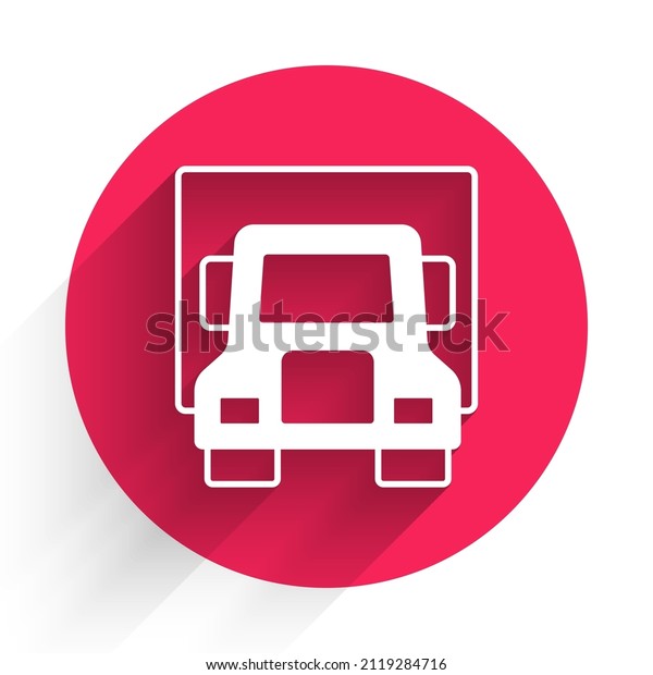 White Delivery\
cargo truck vehicle icon isolated with long shadow background. Red\
circle button. Vector