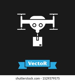 White Delivery drone with the package icon isolated on black background. Drone delivering cardboard box.  Vector Illustration