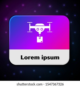 White Delivery drone with the package icon isolated on black background. Drone delivering cardboard box. Rectangle color button. Vector Illustration