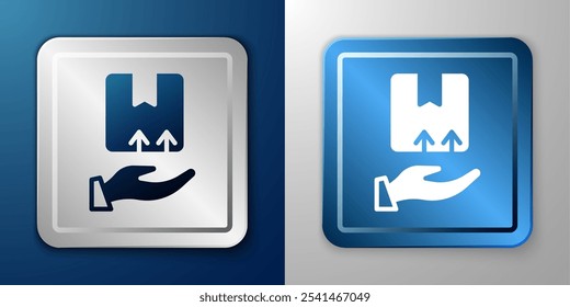 White Delivery hand with cardboard boxes icon isolated on blue and grey background. Door to door delivery by courier. Silver and blue square button. Vector