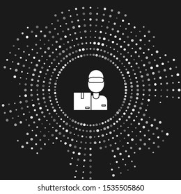 White Delivery man with cardboard boxes icon isolated on grey background. Door to door delivery by courier. Abstract circle random dots. Vector Illustration