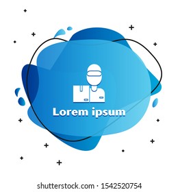 White Delivery man with cardboard boxes icon isolated on white background. Door to door delivery by courier. Abstract banner with liquid shapes. Vector Illustration