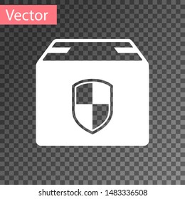 White Delivery pack security symbol with shield icon isolated on transparent background. Delivery insurance. Insured cardboard boxes beyond the shield.  Vector Illustration