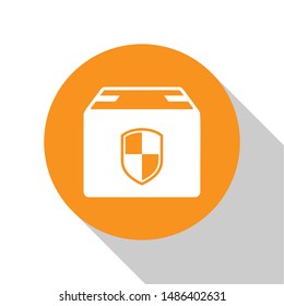 White Delivery pack security symbol with shield icon isolated on white background. Delivery insurance. Insured cardboard boxes beyond the shield. Orange circle button. Vector Illustration