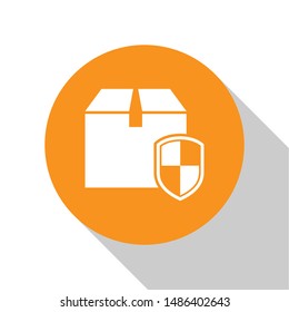 White Delivery pack security symbol with shield icon isolated on white background. Delivery insurance. Insured cardboard boxes beyond the shield. Orange circle button. Vector Illustration