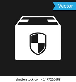 White Delivery pack security symbol with shield icon isolated on black background. Delivery insurance. Insured cardboard boxes beyond the shield.  Vector Illustration