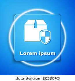 White Delivery pack security symbol with shield icon isolated on blue background. Delivery insurance. Insured cardboard boxes beyond the shield. Blue square button. Vector Illustration