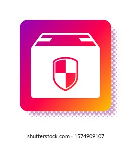 White Delivery pack security symbol with shield icon isolated on white background. Delivery insurance. Insured cardboard boxes beyond the shield. Square color button. Vector Illustration