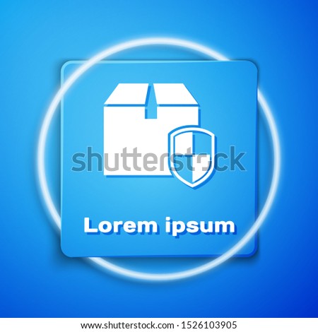 White Delivery pack security symbol with shield icon isolated on blue background. Delivery insurance. Insured cardboard boxes beyond the shield. Blue square button. Vector Illustration