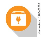 White Delivery package box with fragile content symbol of broken glass icon isolated on white background. Box, package, parcel sign. Orange circle button. Vector Illustration