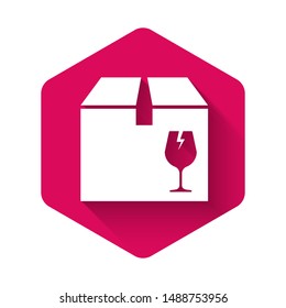 White Delivery package box with fragile content symbol of broken glass icon isolated with long shadow. Box, package, parcel sign. Pink hexagon button. Vector Illustration