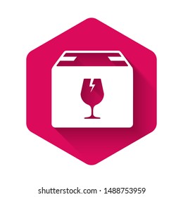 White Delivery package box with fragile content symbol of broken glass icon isolated with long shadow. Box, package, parcel sign. Pink hexagon button. Vector Illustration