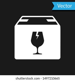 White Delivery package box with fragile content symbol of broken glass icon isolated on black background. Box, package, parcel sign.  Vector Illustration