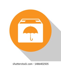 White Delivery package with umbrella symbol icon isolated on white background. Parcel cardboard box with umbrella sign. Logistic and delivery. Orange circle button. Vector Illustration