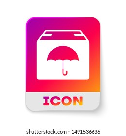 White Delivery package with umbrella symbol icon isolated on white background. Parcel cardboard box with umbrella sign. Logistic and delivery. Rectangle color button. Vector Illustration