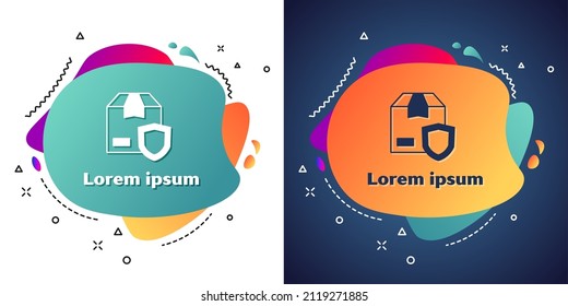 White Delivery security with shield icon isolated on white and blue background. Delivery insurance. Insured cardboard boxes beyond the shield. Abstract banner with liquid shapes. Vector