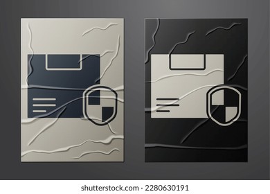 White Delivery security with shield icon isolated on crumpled paper background. Delivery insurance. Insured cardboard boxes beyond the shield. Paper art style. Vector Illustration