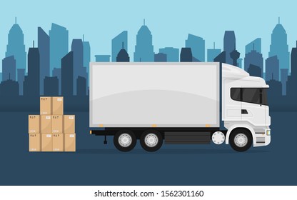 white delivery service truck and cardboard boxes on the background of the city. side view. goods, delivery, transportation. Fast service truck.Vector illustration.10 eps.