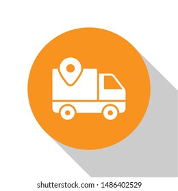White Delivery tracking icon isolated on white background. Parcel tracking. Orange circle button. Vector Illustration