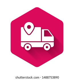 White Delivery tracking icon isolated with long shadow. Parcel tracking. Pink hexagon button. Vector Illustration
