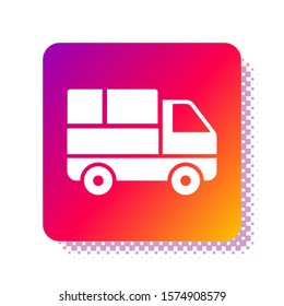 White Delivery truck with cardboard boxes behind icon isolated on white background. Square color button. Vector Illustration