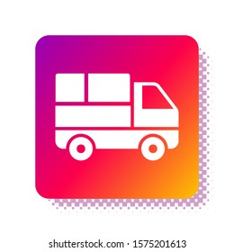 White Delivery truck with cardboard boxes behind icon isolated on white background. Square color button. Vector Illustration