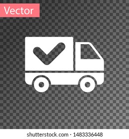 White Delivery truck with check mark icon isolated on transparent background.  Vector Illustration