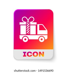 White Delivery truck with gift icon isolated on white background. Rectangle color button. Vector Illustration