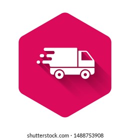 White Delivery truck in movement icon isolated with long shadow. Fast shipping delivery truck. Pink hexagon button. Vector Illustration