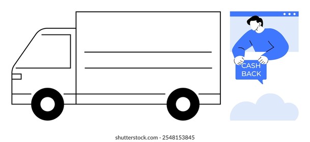 White delivery truck, person on computer screen displaying CASH BACK, and cloud symbol. Ideal for advertising, online shopping, delivery services, e-commerce, and promotions. Simple modern flat