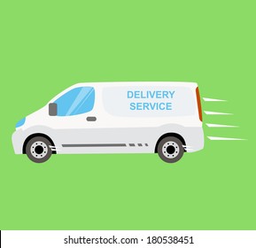 White delivery van on the green background. Fast and free delivery on-time isolated vector van illustration. Delivering services and express delivery truck