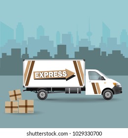 White delivery van with shadow and cardboard boxes on city background. 