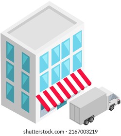White delivery van unloads cargo stands near multi-storey building of shopping center. Express delivery services commercial truck isolated. Truck with goods near store, cargo delivery to mall