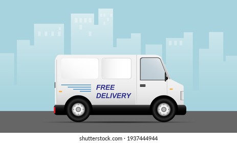 White delivery van vector illustration. fast and free delivery service vehicle, city car cargo, logistic delivery 24 hours. 