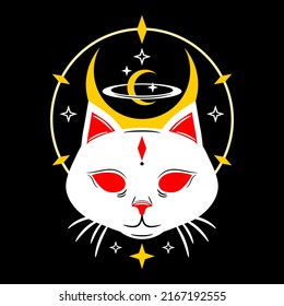 White demon face cat with crescent moon and stars boho tattoo icon vector design.