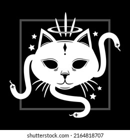 White demon face cat with tail snake and stars on black background boho tattoo icon vector design.	