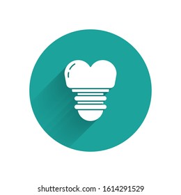 White Dental implant icon isolated with long shadow. Green circle button. Vector Illustration