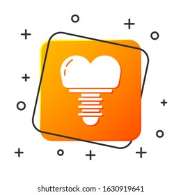 White Dental implant icon isolated on white background. Orange square button. Vector Illustration