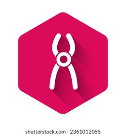 White Dental pliers icon isolated with long shadow. Dental equipment. Pink hexagon button. Vector